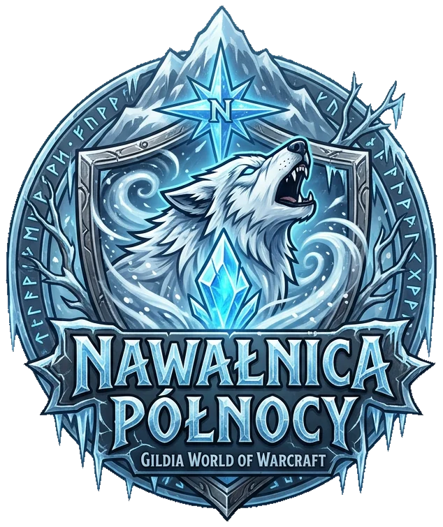 Nawałnica Północy — Gildia World of Warcraft. Godło: wyjący biały wilk na tarczy w runicznym pierścieniu, zwieńczony lodowym szczytem i ośmioramienną gwiazdą